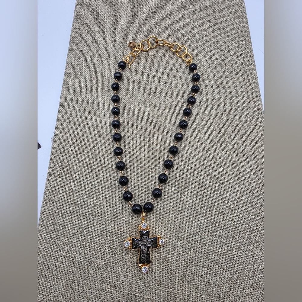 Gold & Black Cross Pendant Beaded Necklace